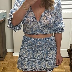 La Belle Ile St Barth Blue and White Floral Two-Piece Crop Top & Skirt Set